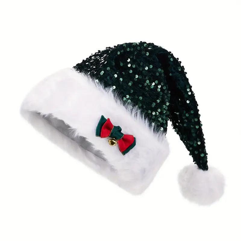 Christmas Hat With Red Sequins And Bow Design Warm Plush Decorative Hat