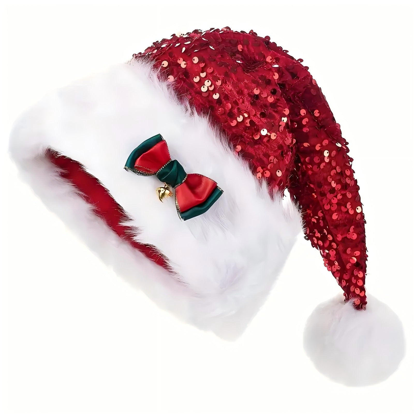 Christmas Hat With Red Sequins And Bow Design Warm Plush Decorative Hat