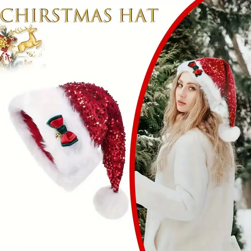 Christmas Hat With Red Sequins And Bow Design Warm Plush Decorative Hat